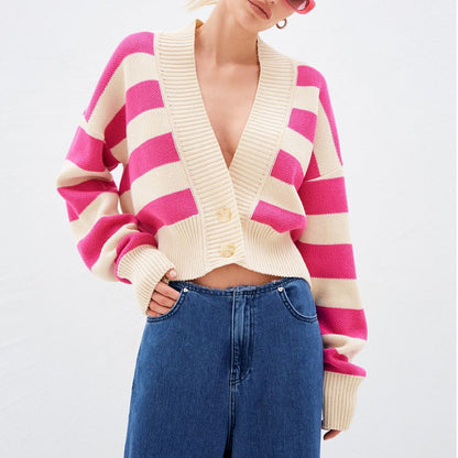 spring Popular, , Russia sweater women's New color contrast loose design sense knitted cardigan jacket women