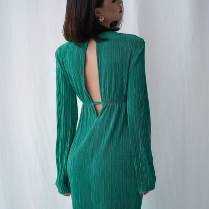 2025 spring  long dress round neck hollow sexy temperament dress backless slim long sleeve pleated dress women