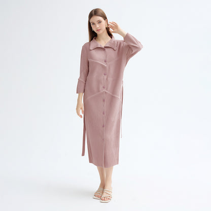 2025 spring new single-breasted long-sleeved lace-up dress medium and long Korean version simple loose pleated A-shaped skirt