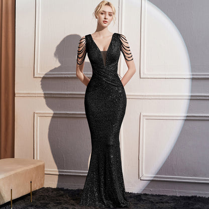 2025 Evening dress, femininity, socialite style, banquet, high-end high-end sense, slim fit, sequins, sparkling long fishtail dress.