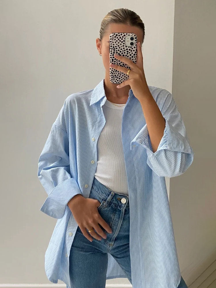 jinran masc outfits Autumn New Blue Striped Shirt Top Simple Advanced Sense Street Long Sleeve Cardigan