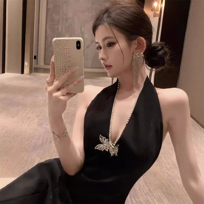 2025 High-end little black dress  temperament socialite royal sister sexy v-neck neck dress black birthday dress
