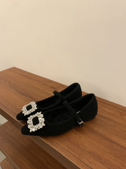 2025 Inner height-increasing rhinestone fluffy shoes women's winter velvet warm cotton shoes single shoes  temperament fairy Mary Jane shoes