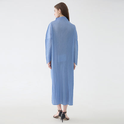 2025 spring temperament turtleneck folding sleeves solid color dress women's medium and long simple loose pleated A-shaped skirt