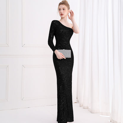 2025 Evening dress femininity light luxury banquet model catwalk company annual meeting host single shoulder long dress