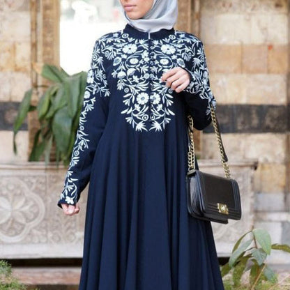 new New   dress ethnic style women's clothing long-sleeved printed stand-up collar big swing dress