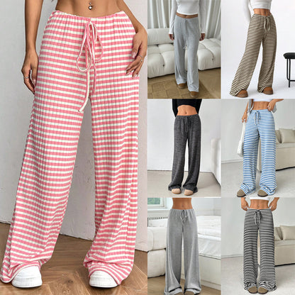 2025 Spring and Autumn   New women's clothing new casual striped solid color rubber band pull rope cotton straight pants