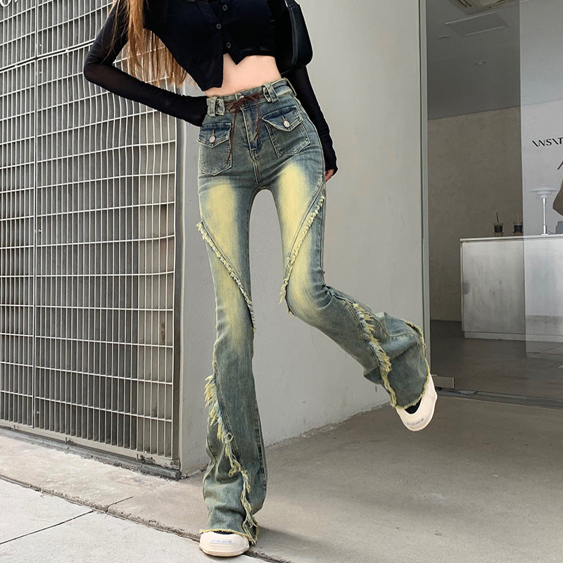 jinran concert outfit ideas American-Style Retro Frayed Lace-up Micro-Pull Denim Trousers Women's New Hot Girl High Waist Stretch Flared Pants