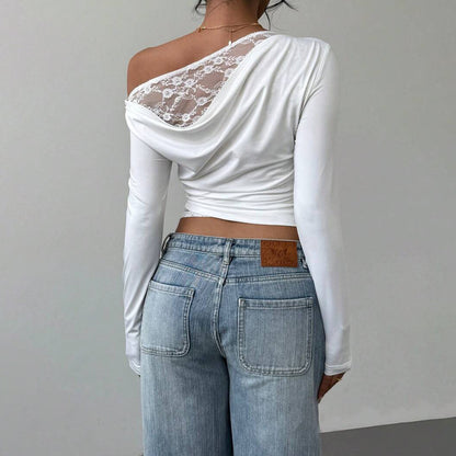 2025 Trendy brand New fashion slanted shoulder lace splicing fake two-piece knitted sweater for women  new waist knitted top for women