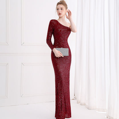 2025 Evening dress femininity light luxury banquet model catwalk company annual meeting host single shoulder long dress