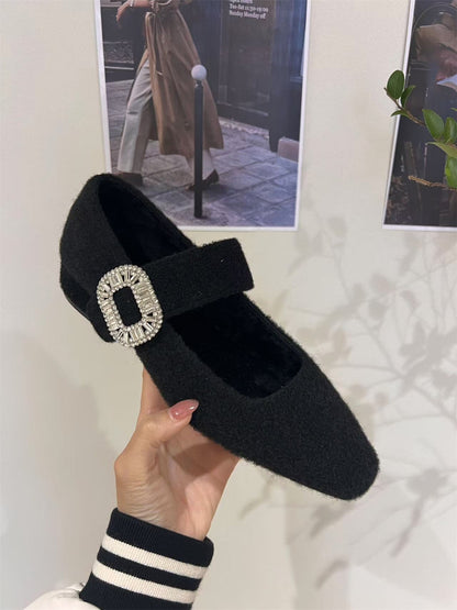 2025 thick heel velvet Mary Jane fluffy shoes women's shoes popular autumn and winter with skirt evening shoes rhinestone shoes