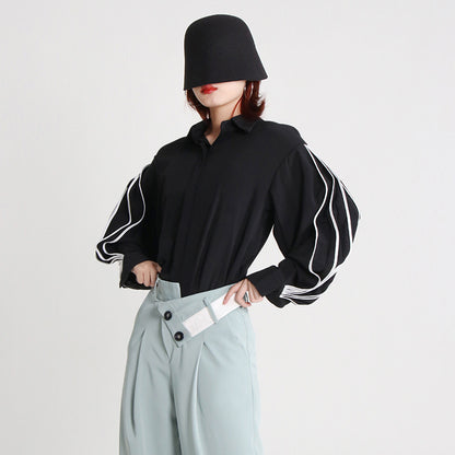 2025 Niche design retro personalized shirt  spring new fashion lapel lantern sleeve striped loose top women