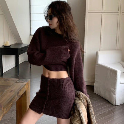 jinran concert outfit Dongdaemun 2024 Winter New Fashion Solid Color Sweater Hot Girl Knitted Hip Skirt Two-Piece Suit for Women