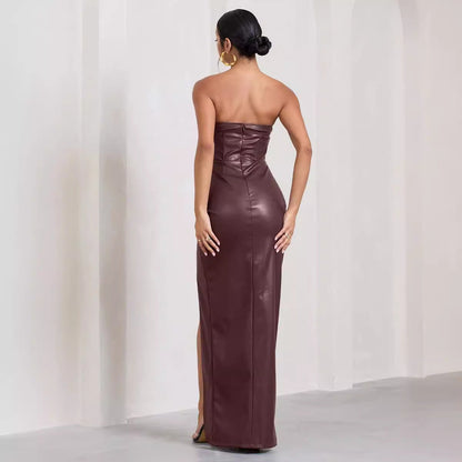 jinran 2024 fall fashion trends Summer Women's Sexy Tube Top Dress off-the-Shoulder Slim-Fit Long PU Leather Dress for Women