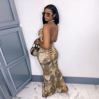 jinran gold dress 2024 Summer New Women's Fashion Sling Sexy Backless Hip Bag Dress