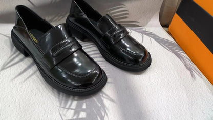 2025 Cowhide version~ Autumn and winter British style versatile and comfortable large size platform small leather shoes thick heel British style loafers women's shoes