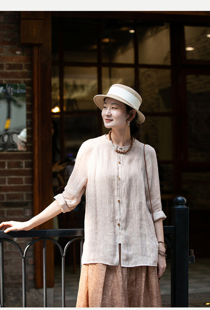 2025 popular spring light linen cardigan color breathable literary and casual versatile sunscreen shirt women's summer commute A0837