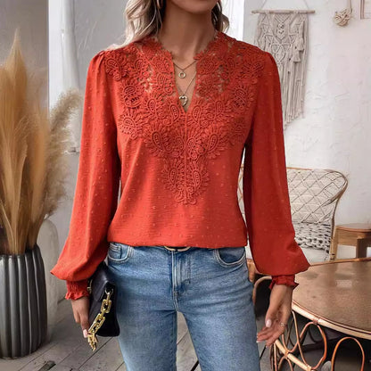 2025 Popular, ,  New autumn and winter new fashion V-neck lace solid color long-sleeved casual T women's top
