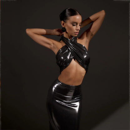 2025 New sexy metallic luster suit women's clothing high-end spring spice girl fashion suit skirt two-piece set women