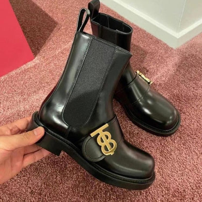 2025 Cowhide version~ New British style letter metal buckle round head cigarette boots Chelsea boots women's platform women's boots