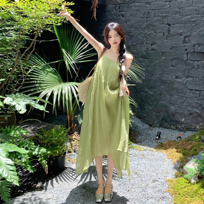 2025 texture suspender dress women's summer loose Sanya seaside vacation elegant green beach long skirt