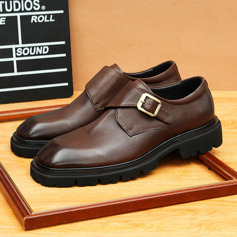 2025 [ Exclusive] Business Casual Leather Shoes Men's Leather Soft Leather Wide Foot Platform British Single Buckle Munk Shoes Men's Shoes