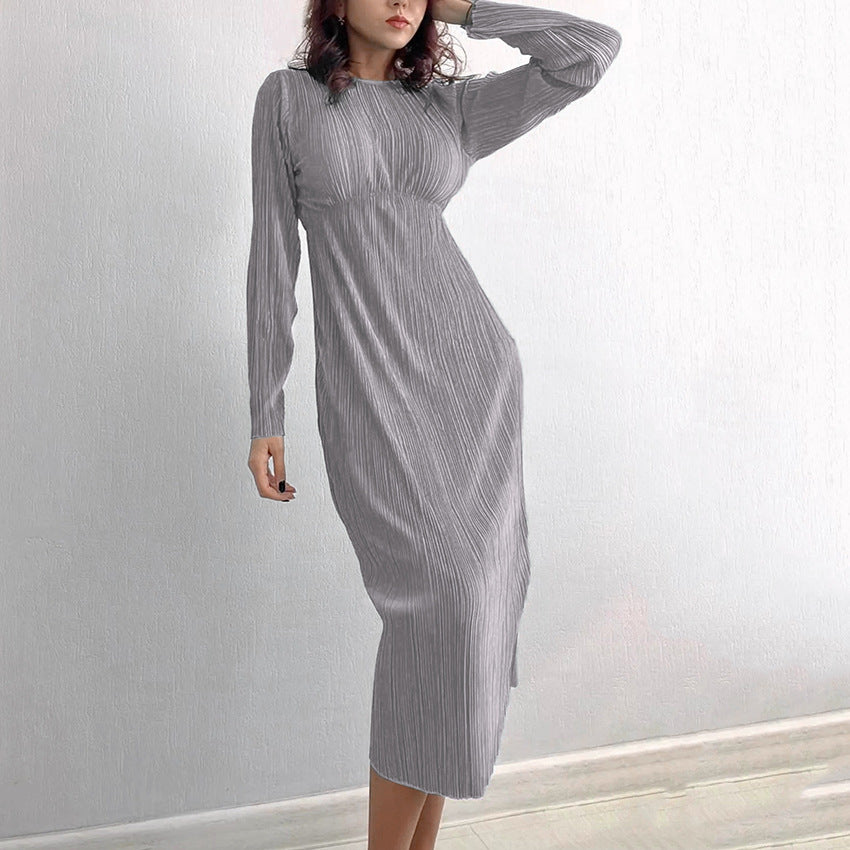 2025 spring  long dress round neck hollow sexy temperament dress backless slim long sleeve pleated dress women