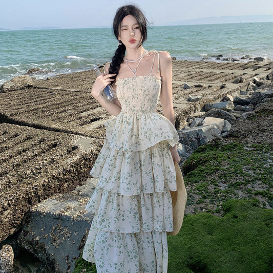 2025 Floral dress women's spring and summer new high-waisted lotus leaf edge suspender skirt medium and long holiday pendulum fairy skirt