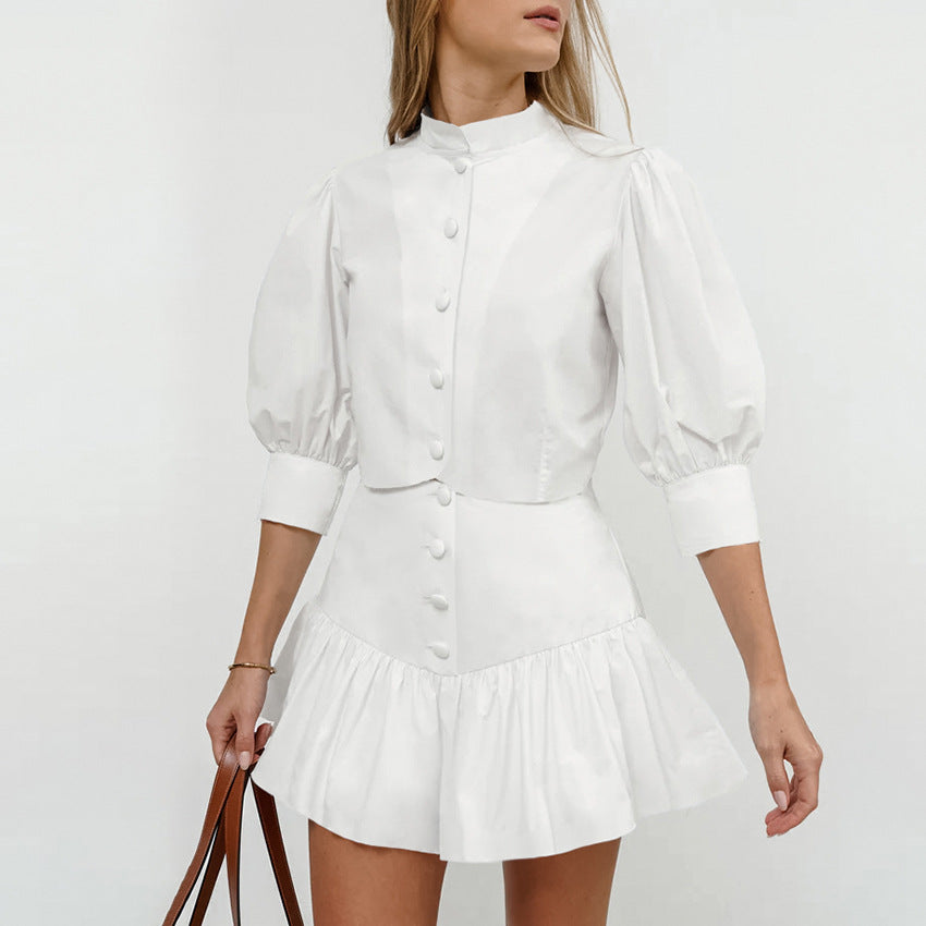 jinran fall 2024 fashion trends 2024 Summer White Lantern Sleeve Shirt Short Skirt Two-Piece Set Women's Design Sense Professional Suit Women's Clothing