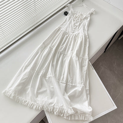 jinran 2024 new lazy holiday style pleated edge front button design super long dress goddess skirt big swing skirt 3405