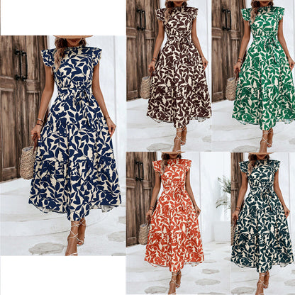 2025 Popular, ,  New women's clothing summer new fashion fungus edge flying sleeves lace-up printed fairy skirt