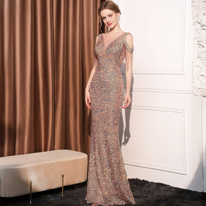 2025 Evening dress dress female high-end temperament celebrity light luxury banquet party sequins long slim and thin fishtail dress