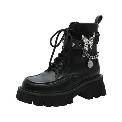 jinran shoes 2024 Autumn New Liquid Butterfly Martin Boots Thick Bottom Casual Lightweight Denim Knight Boots Women's Short Boots Women's Chunky Heel