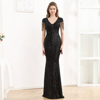 2025 Evening dress dress female black dignified atmosphere host high-end banquet wear sequins thin long fishtail dress