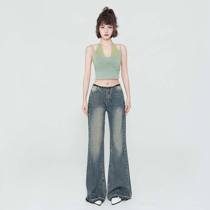 jinran outfit inspo Spring New American Retro Hot Girl Mid-Low Waist Frayed Flared Jeans for Women