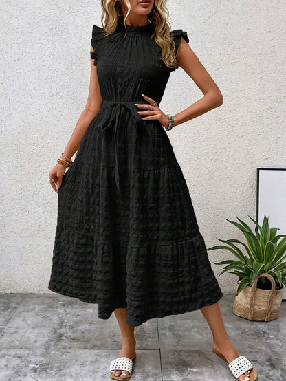 2025 Popular, ,  New women's clothing summer new fashion fungus edge flying sleeves lace-up textured dress