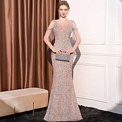 2025 Evening dress dress female high-end temperament celebrity light luxury banquet party sequins long slim and thin fishtail dress