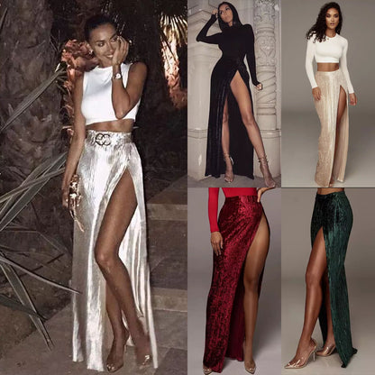 2025 2025 New  thin pit strips, spring skirt elegant and high split women's skirt INS long skirt women