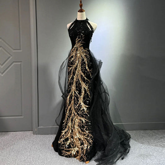 jinran witch dress to impress New Evening Dress Black High-Grade Slim-Fit Elegant Lady Host Halter Fishtail Dress Wedding Toast Dress Summer
