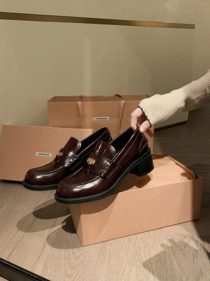 2025 Cowhide version~ Xingshengda shoes British style A miu small gold coins thick heel lazy loafers women's small leather shoes