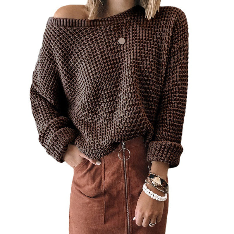 jinran discover style ideas 2024 New Sweater Women's Solid Color Loose Oblique Collar Long Sleeve Knitted Top Autumn and Winter Sweater