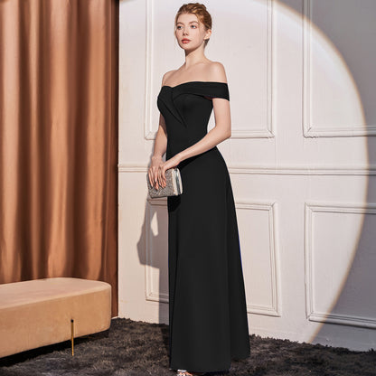 2025 Evening dress dress women's high-end temperament simple high-end sense celebrity banquet one-word shoulder thin pendant long dress
