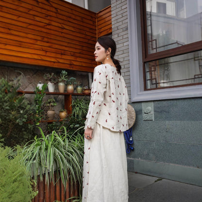 2025 Early autumn rain dew hemp front embroidery with broken pleats elastic waist strap skirt 91016C large skirt elegant