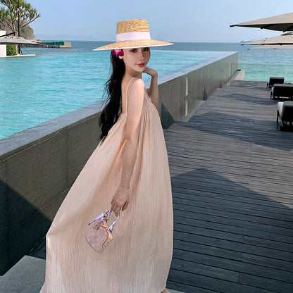 2025 Gentle and lazy sea breeze, thin shoulder straps, elegant and white, Popular style vacation style, loose texture, suspender, long dress woman