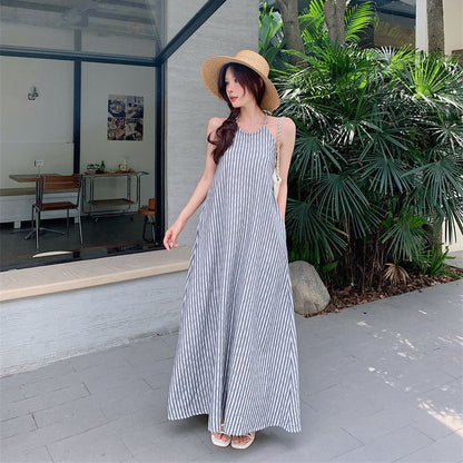 2025 neck dress women's summer new high-end cotton and linen stripes loose and thin backless long skirt