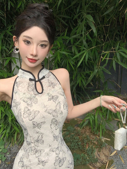 2025 Embroidery warp ink butterfly printing cheongsam dress women's  spring and summer new slim retro dress