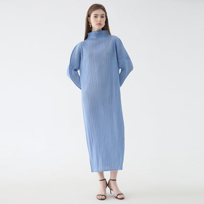 2025 spring temperament turtleneck folding sleeves solid color dress women's medium and long simple loose pleated A-shaped skirt