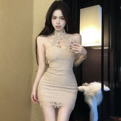 2025 Nightclub women's clothing  summer new Spice Girl neck sleeveless vest slim and thin hip-wrapped lace dress short