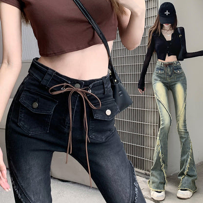 jinran concert outfit ideas American-Style Retro Frayed Lace-up Micro-Pull Denim Trousers Women's New Hot Girl High Waist Stretch Flared Pants