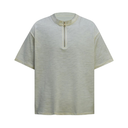 2025 6100 2025n Street 2025 Summer Solid Color Zipper Design Men's Loose Premium Sense Bamboo Cotton Short Sleeve T-Shirt